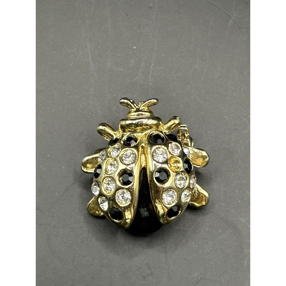 Ladybug Onyx Clear Crystals Black Vintage Gold Color Brooch